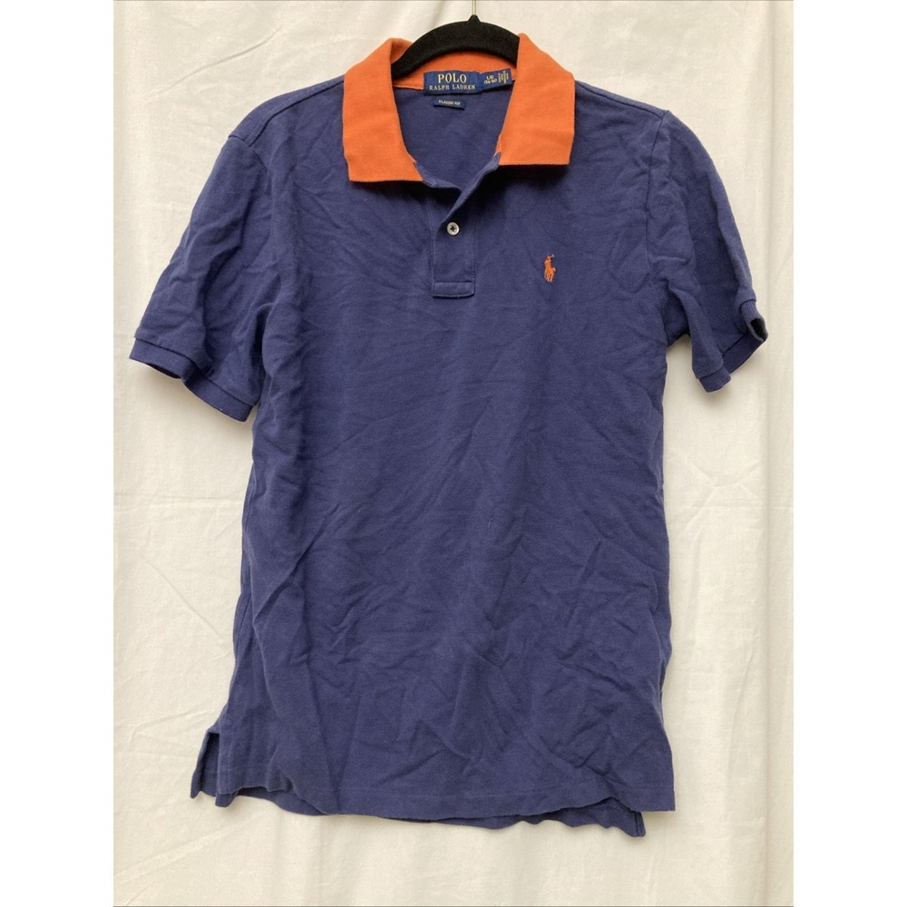 Polo‎ Ralph Lauren Boy's Blue Classic Fit Picquet Knit Orange Collar Polo - SZ L